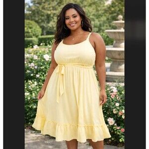 Torrid Yellow Midi Dress 3X Challis Tiered Strappy Ruffle Sleeveless Tie Summer